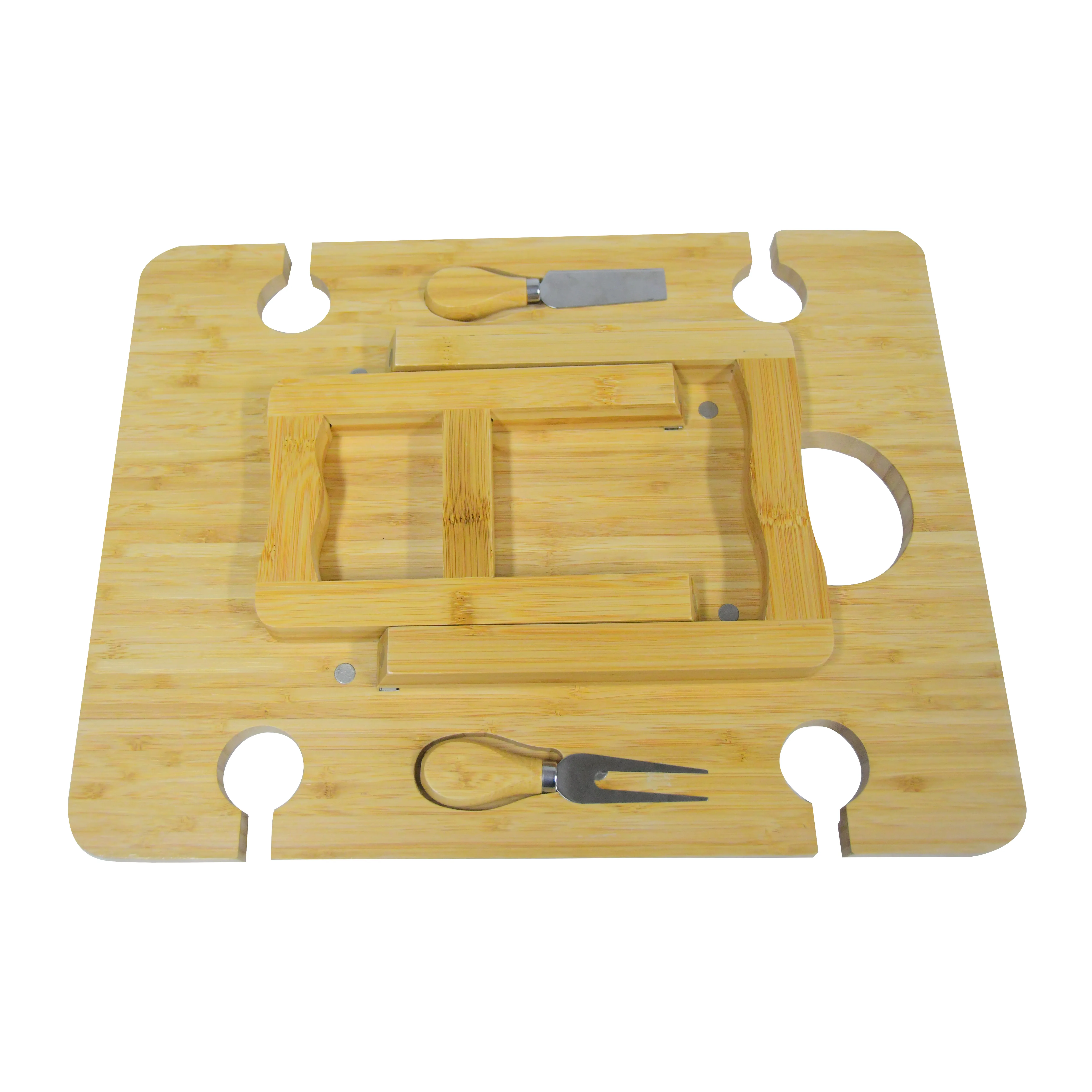 Portable Wine Picnic Table - Premium Natural Bamboo Folding Charcuterie Meat and Cheese Tray with Bottle and Four Glass Holder