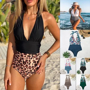 Plus Size Eco-friendly One Piece Swimsuit for Women Leopard Print Deep V Neck Sexy Backless Design Tummy Control for Beach Use
