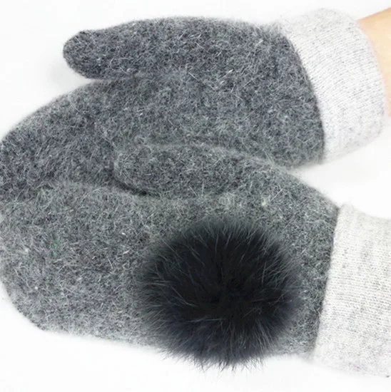 Женские зимние вязаные теплые перчатки из ангорской шерсти с меховым помпоном