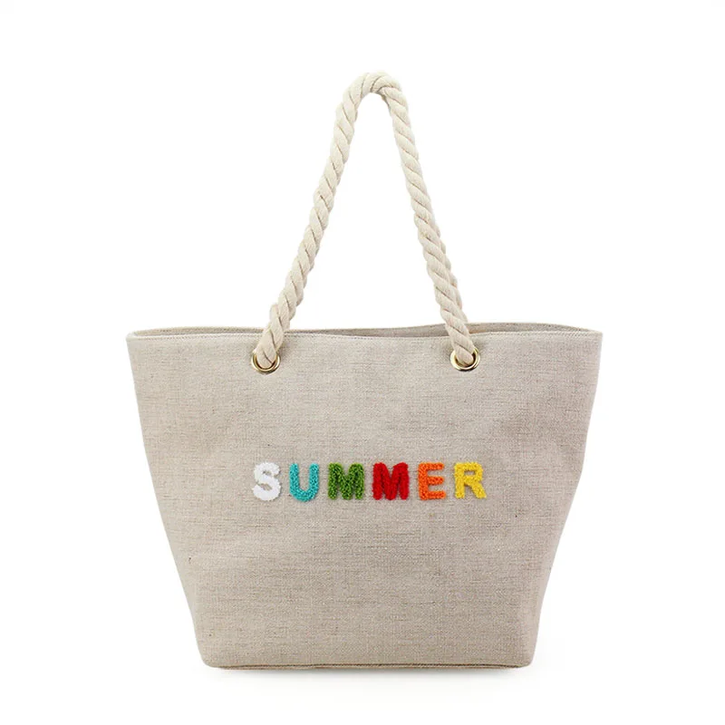 Embroidered Grey Canvas Tote Bag With Rope Handles