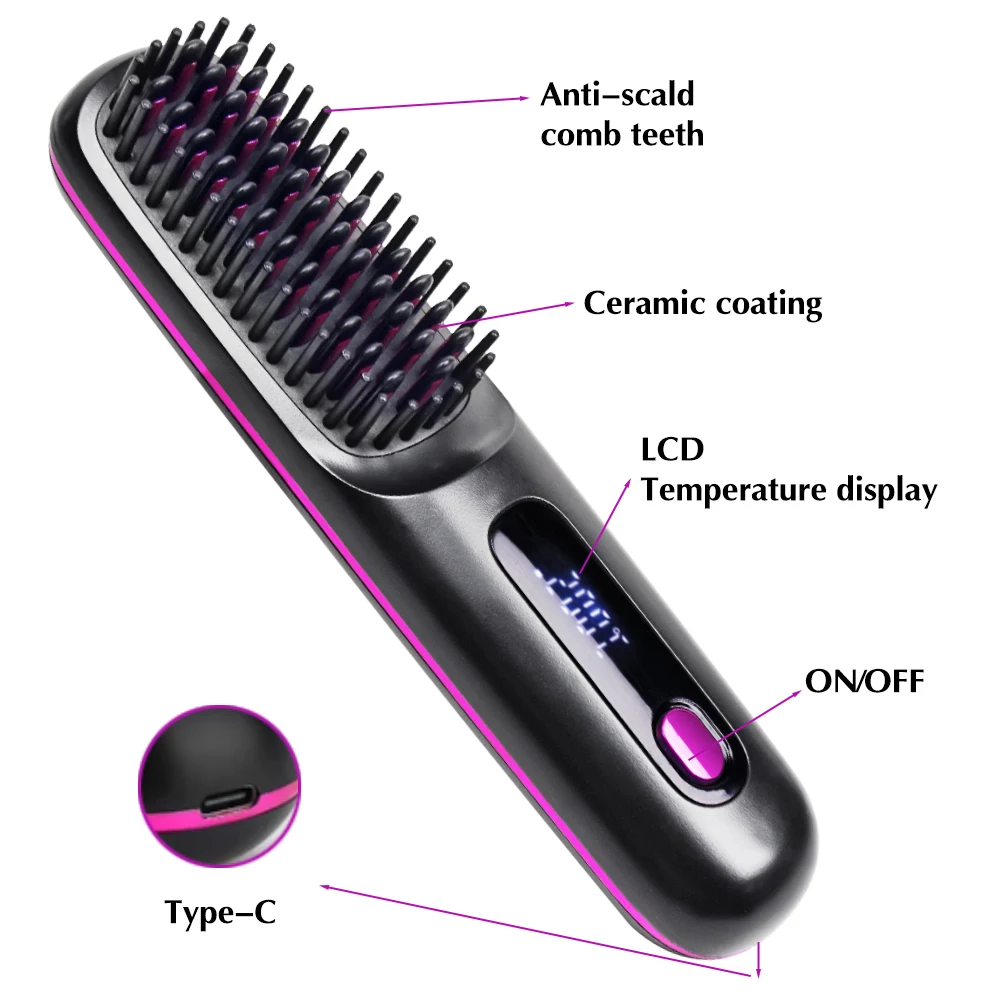 Portable Mini Straightening Brush Fast Heating Hot Comb Electric Cordless  Negative Ion Hair Straightener Brush