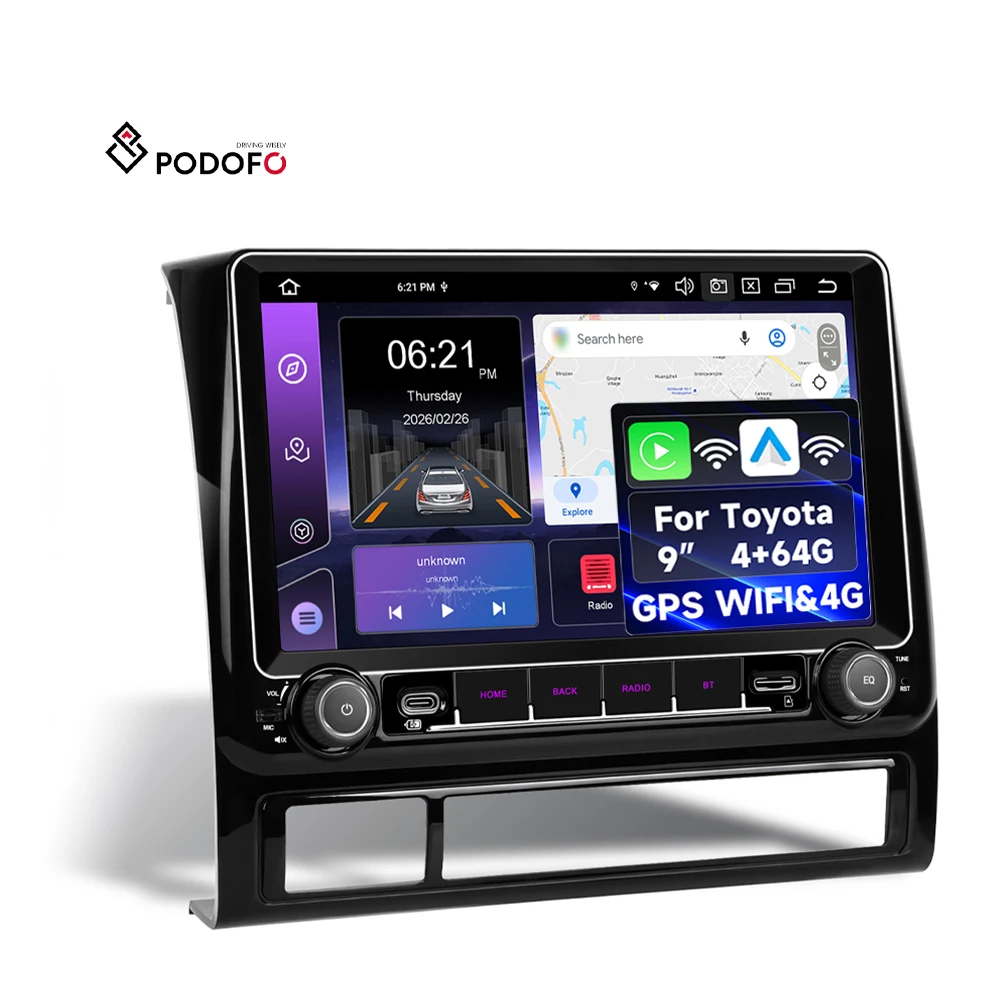 9-calowy odtwarzacz radiowy samochodowy Podofo z systemem Android dla Toyota Tacoma (2005–2015), 4+64 GB, bezprzewodowe rozwiązania CarPlay/Android Auto, Wi-Fi i połączenie 4G, ośmiordzeniowy odtwarzacz stereo A4608
