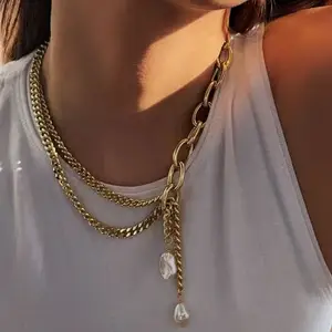 Ilona Women's Stainless Steel Double Cuban Chain Pendant Necklace Unique Vintage Design with 18K Gold Plating Natural Pearls