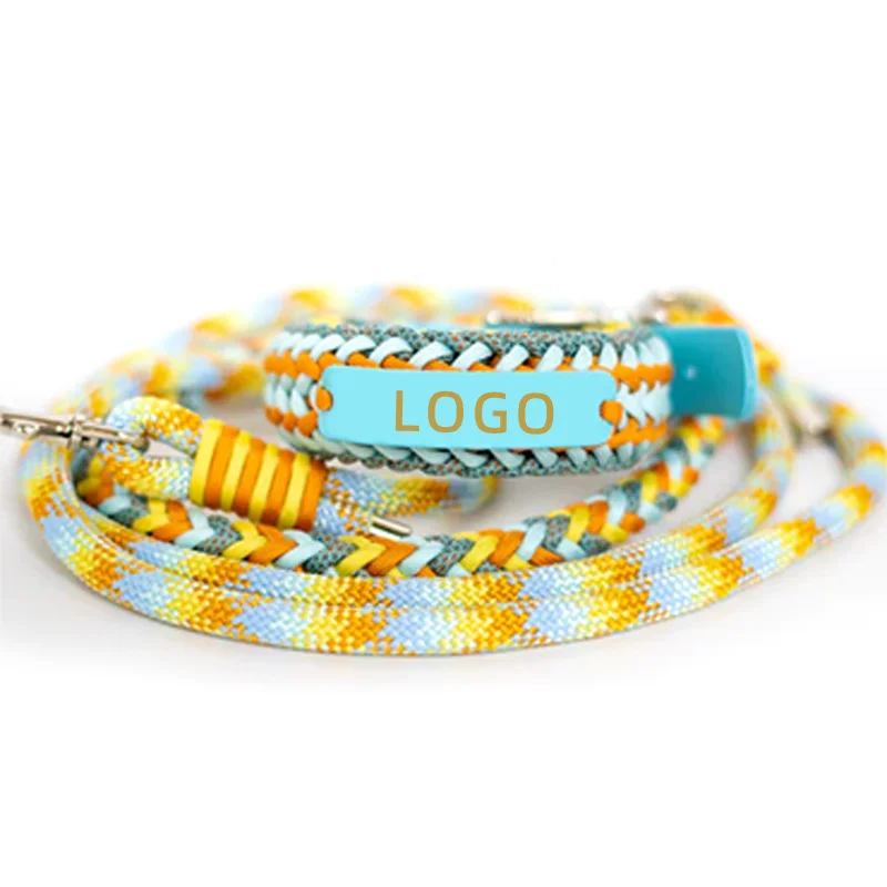 Custom Color Logo Pet Accessories Manufacture Personalized Adjustable Macrame Hand Woven Paracord Pet Dog Collar and Leash Set