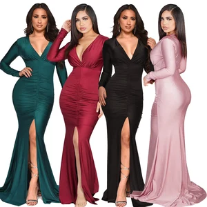 Latest Fashion Clothing Wholesale Deep v Neck Formal Long Sleeve Party Slit Evening Elegant Dress