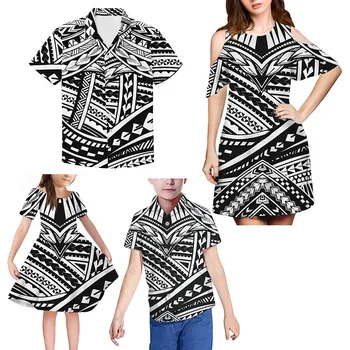 Polynesian Black White Stripe Design Mother And Daughter Matching Set Family Outfits Dress Set Father And Son Matching Clothing