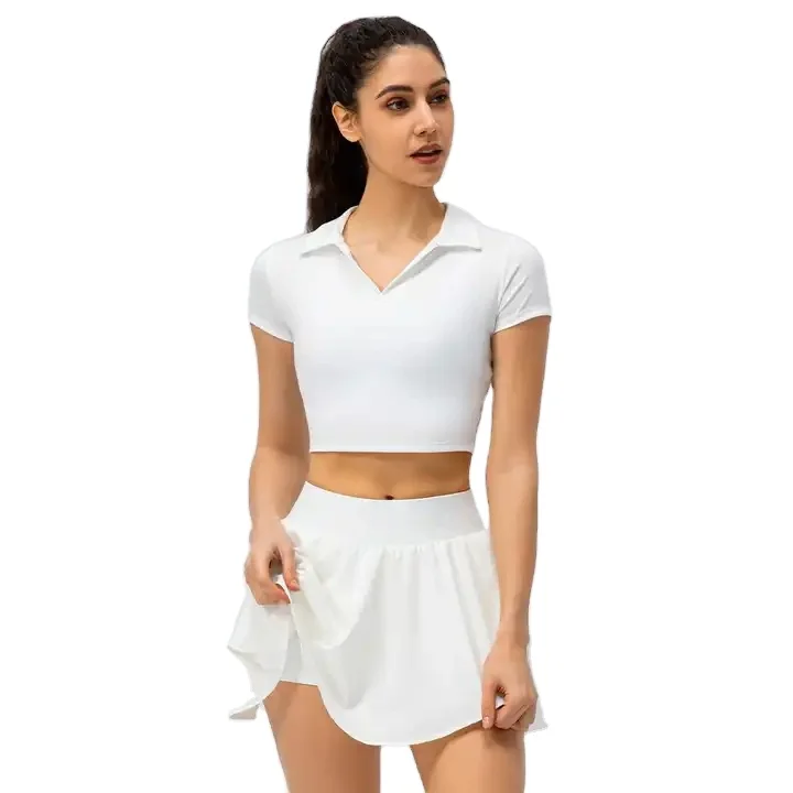 2024 Custom Polo Neck Short Sleeve T-shirt and Built-in Skirt Set Woman Fitness Gym Set Sports Tennis Golf Outfit Set Yoga Wear