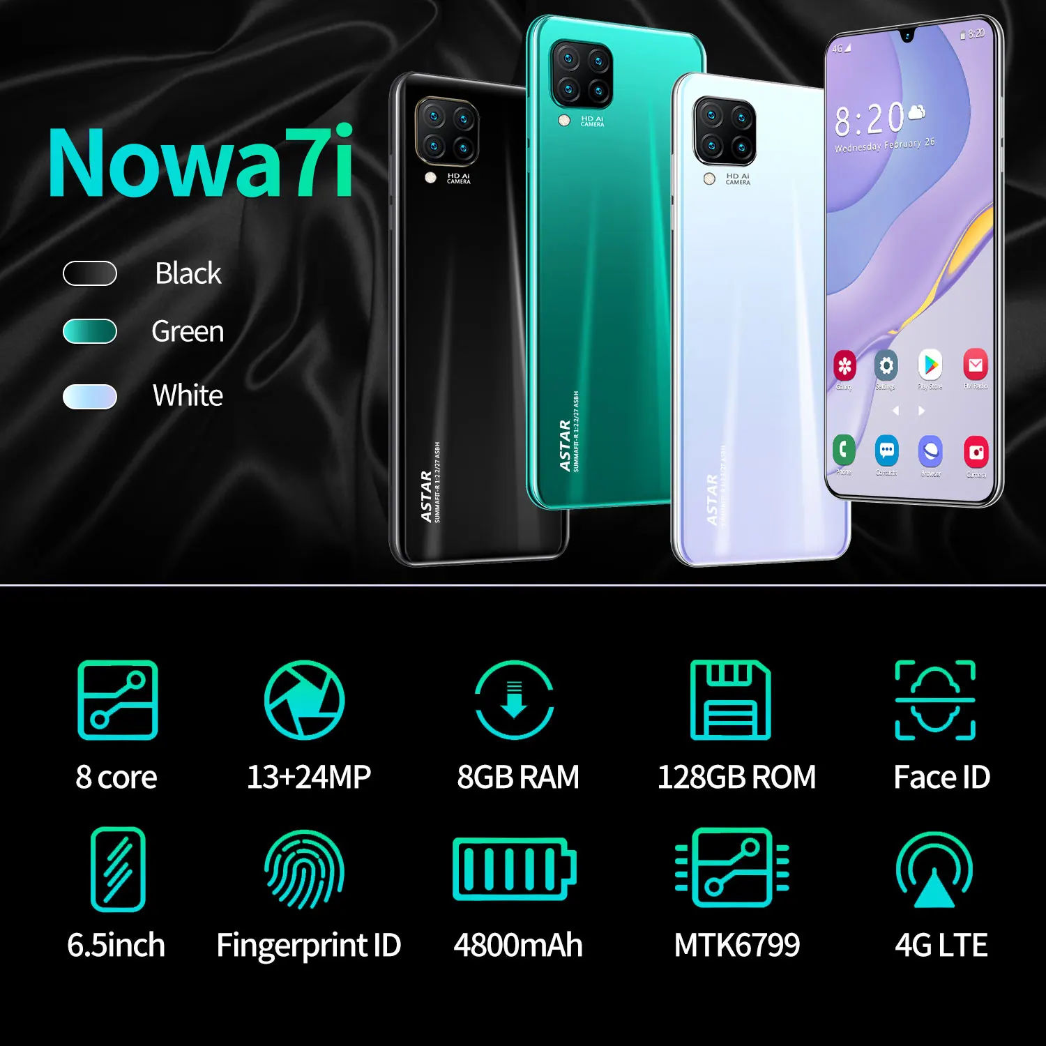 Разблокированный мобильный телефон Nowa7i 6,5 дюйма 8 ГБ + 128 ГБ Android смартфон 10 ядер 5G LET телефон 4 камеры MTK6799 распознавание лица