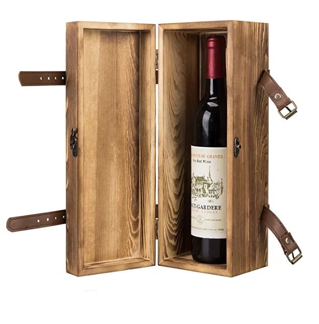 Vintage Wooden Brown Wine Box with Leather Belt - Ideal for Gift