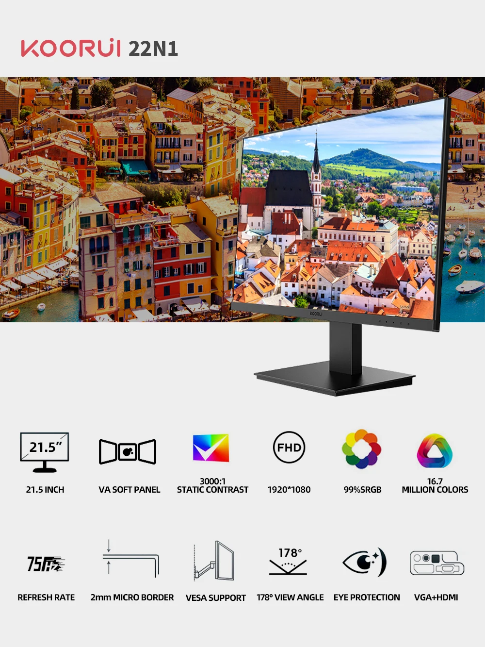 KOORUI 21.5 Inch Full HD Computer Monitor - 75hz IPS Display