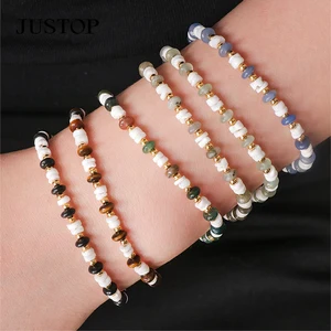 Vintage 18K Gold Plated Stainless Steel Bangle Simple Fashion Natural Stone Geometric Bracelet Chic Jewelry