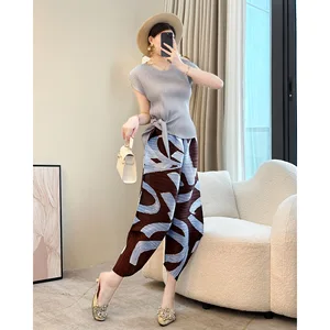 Miyake Design Sense Women's Summer Casual Printed Pleated Pants Mid-Waist Zipper Fly Loose Flat Harlan Body-Slimming Chicken Leg