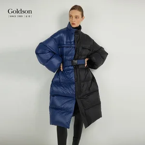 Women's New Design Sustainable Patchwork Contrast Color Puffer Jacket 90/10 Duck Long Winter Waterproof Stand Collar Nylon