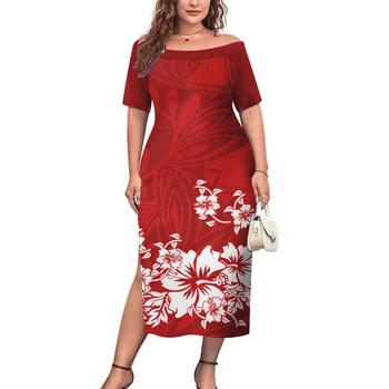 Polynesian Floral Tribal Short Sleeve Body Long Dress Purple LT9
