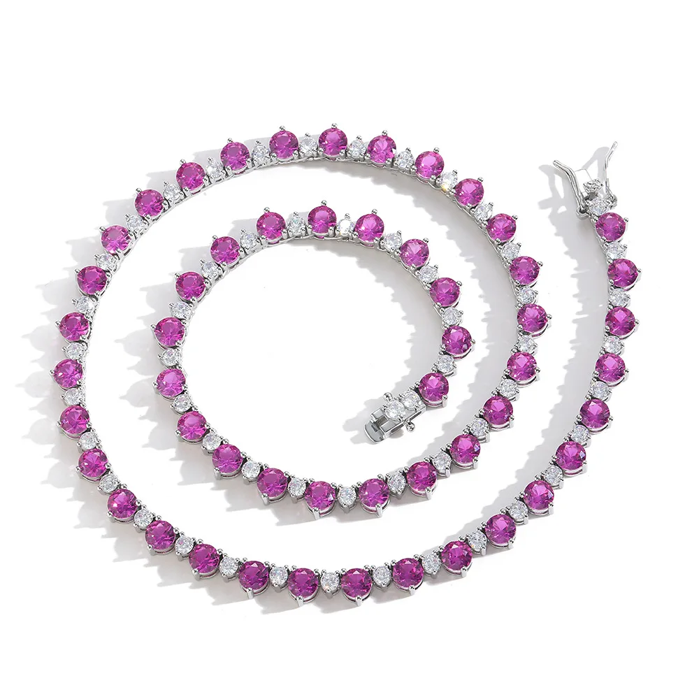 Prong Set 5mm Red Corundum Ruby Round Mix CZ Zircon Chains Bling Cubic Zirconia Diamond Malay Jade Tennis Chain Necklace