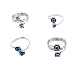 MW Simple Devil Eye Ring Adjustable Stainless Steel Ring for Unisex Trendy Silver Crystal Turkish Blue Eye Design Anniversary
