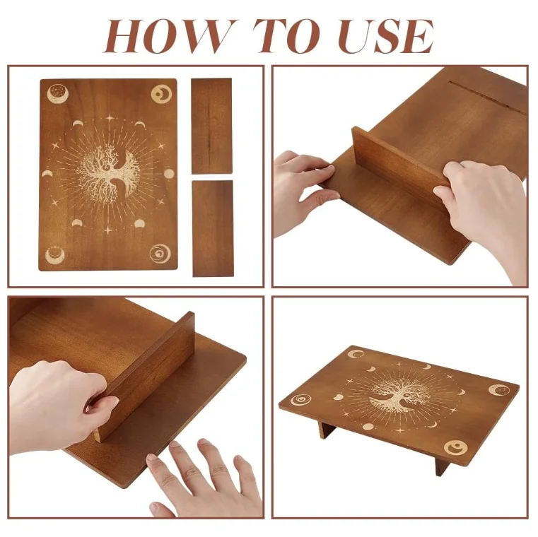 Custom Pattern Moon Tree Engraved Design Wood Wiccan Alter Table Wooden Meditation Altar Table