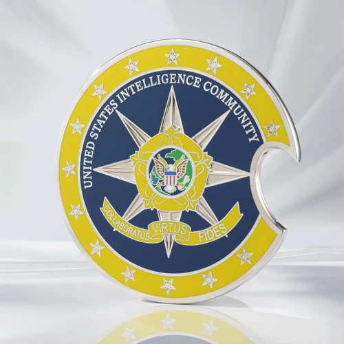 US Intelligence Community challenge coin with crescent cutout