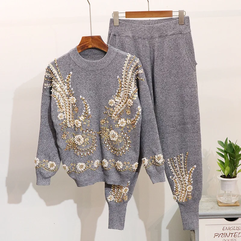 Fashion New Casual Fall Winter Warm Lady Sequin Sweater Pants Set Two ...