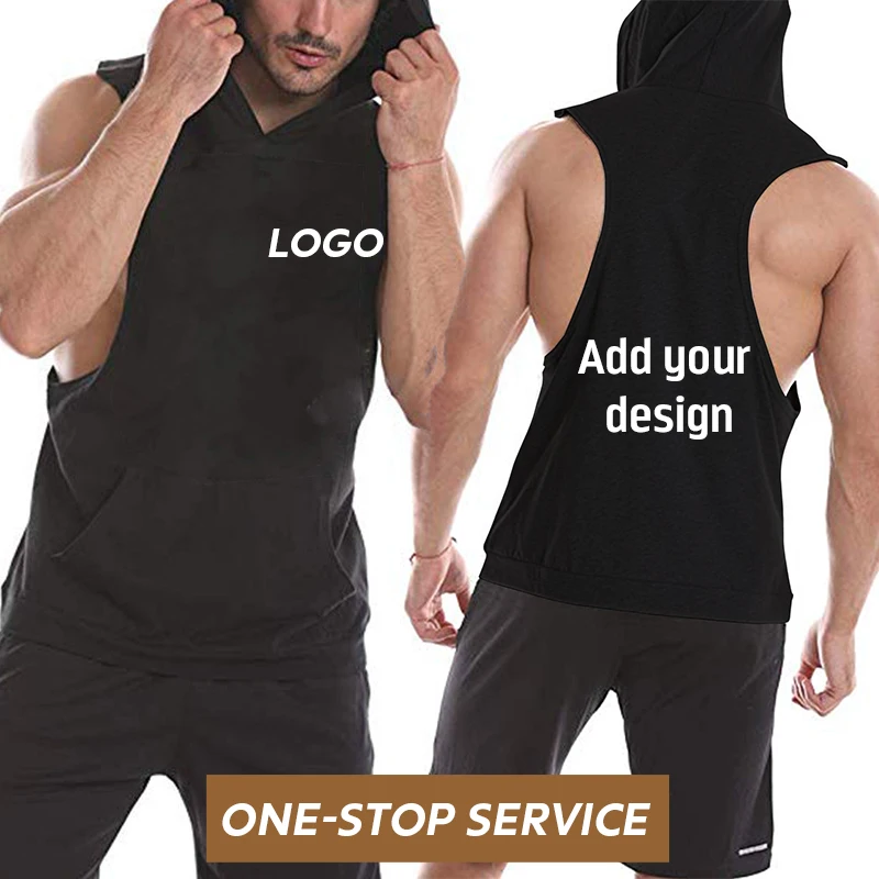 High Quality Custom Gym Workout Tank Tops Hooded Men Fitness Sports Sleeveless Vest Hoodie Shirt