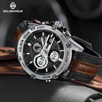 GOLDENHOUR GH116 Big Dial Sports Watch Men Luxury Brand LED Military Fashion Quartz Digital Waterproof Wristwatch Watch