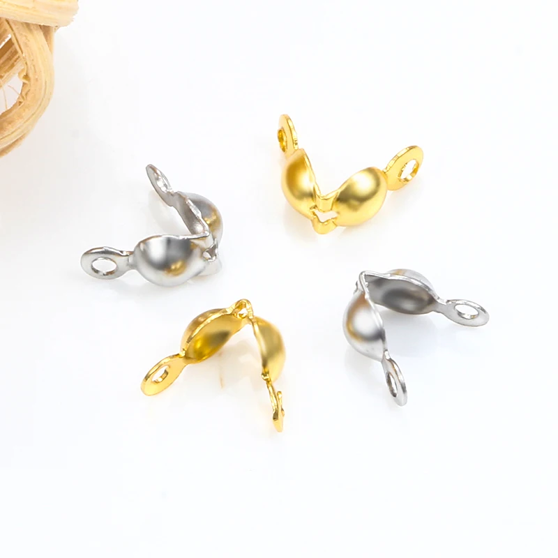 LQ Industrial Clamshell 200PCS 4x7mm/0.16 X 0.28inch Crimps Beads End Clasp Connector Bead Tip Cord Ends Knot Cover With 2 Closed Loops For Bracelet Necklace Jewelry Making DIY Craft Silver