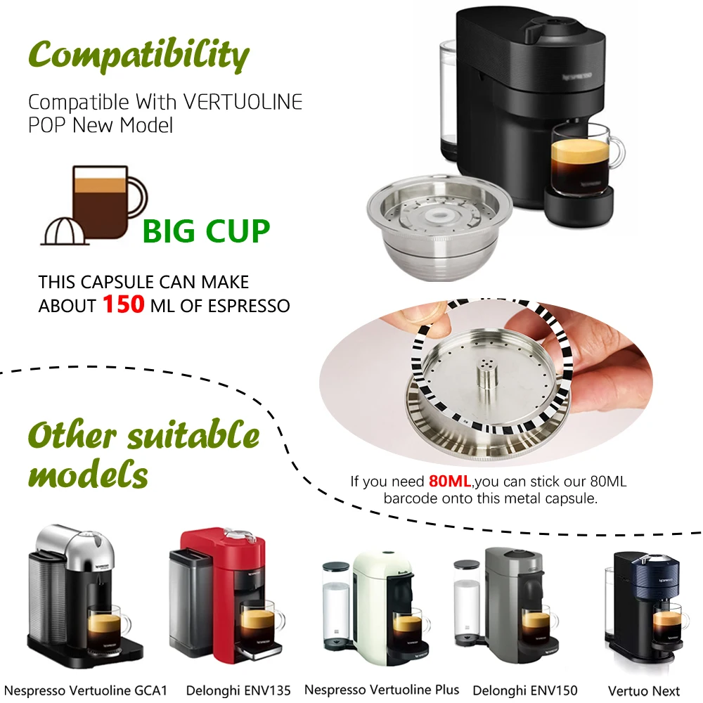 Customized 1 Capsule Set 230ml Stainless Steel Refillable Coffee Capsule  Filter for Nespresso Vertuoline Machines Coffee Pod