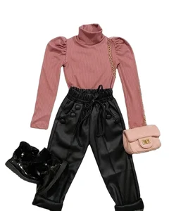 Spring Autumn Children Girls Clothes Outfit 2pcs Suit Solid Long Sleeve Pullover Tops PU Leather Pants Kid Clothing Sets