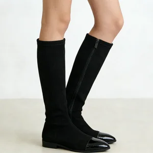 Women's Black Faux Suede & Action Leather Knee-High Boots - Pointed-Toe Zipper Slim-Fit Flat-Heel Footwear
