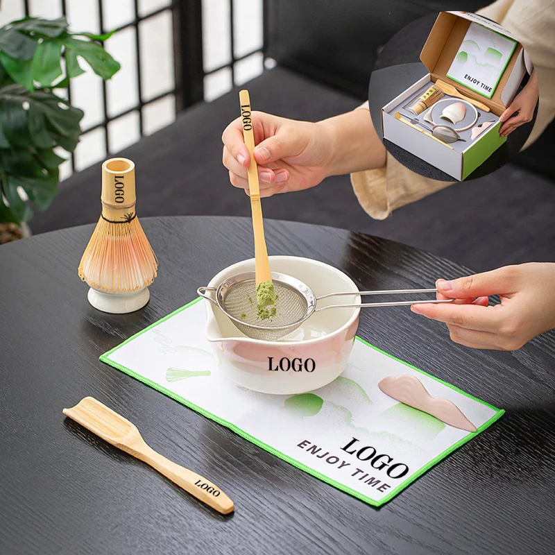 Custom Logo Matcha Tea Set 4 to 10 Pieces Japanese Matcha Bowl Tea Whisker Standing Bamboo Matcha Oem Set Whisk with Gift Box