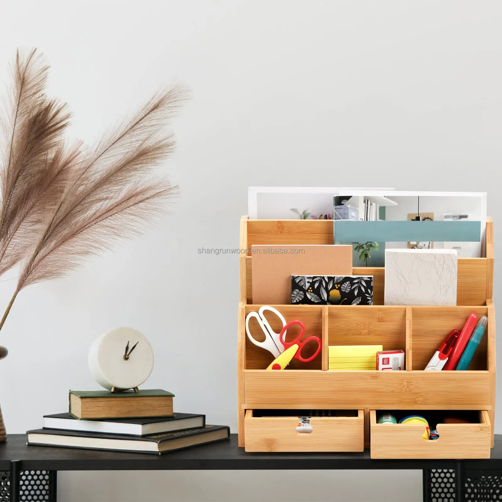 Bamboo Desk Mail Organizer With Drawers Home Office Wood Tiered ...