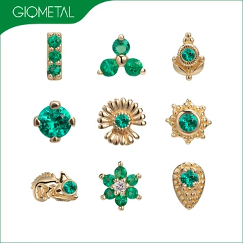 Giometal Luxury Piercing Jewelry 18K Solid Gold Chameleon Flower Nose Daith Threadless Ends with Emerald Cartilage Earrings Ends