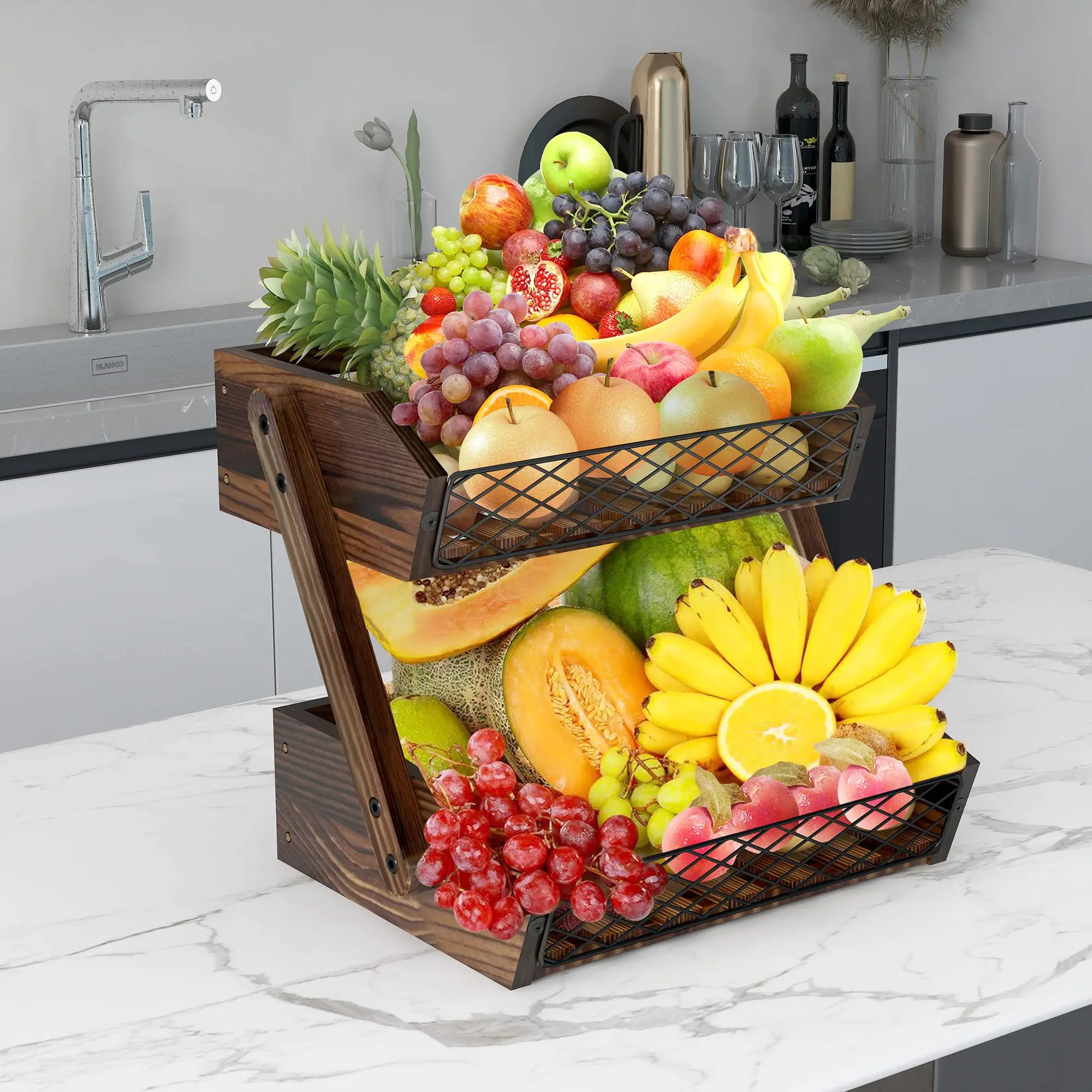 Custom 2 Tier Wooden Fruit Basket Stand Kitchen Countertop Produce Storage Organizer for Vegetables Snacks
