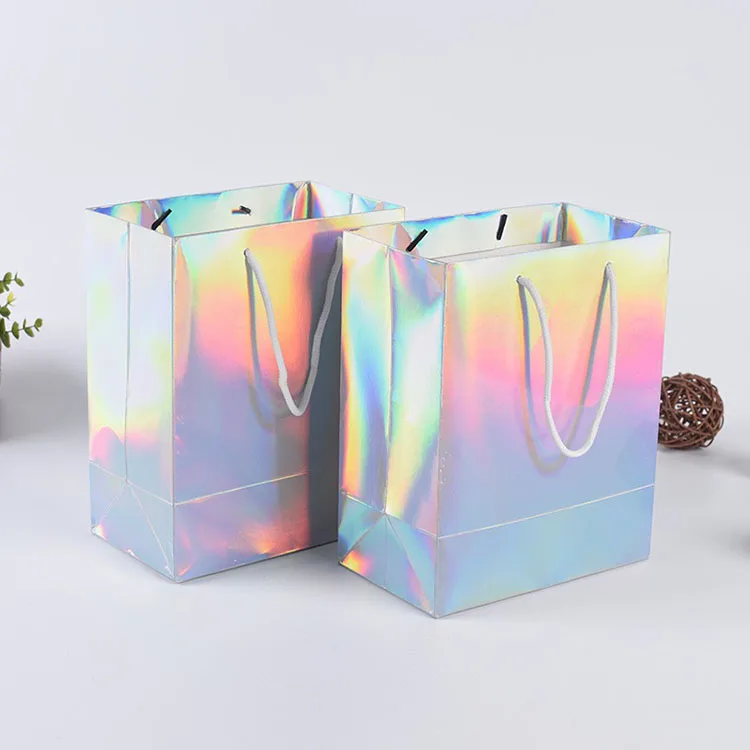 Paper Gift Bags: Lipack Hot Stamping Iridescent Luxury Paper Bag Holographic Rainbow Color for Packaging