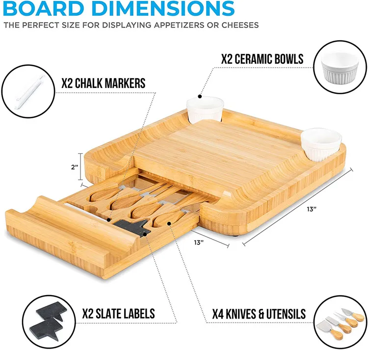 Bamboo Cheese Board and Knife Set: 13 X 13 Inch Wood Charcuterie Platter for Wine, Cheese, Meat