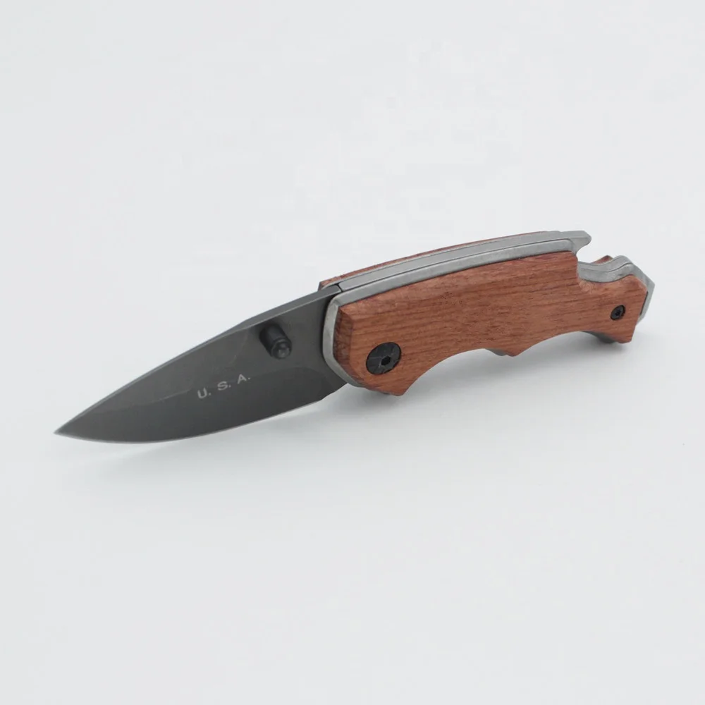 Engraved Padauk Wood Handle Grey Titanium Stainless Steel Blade Small Folding EDC Pocket Knife