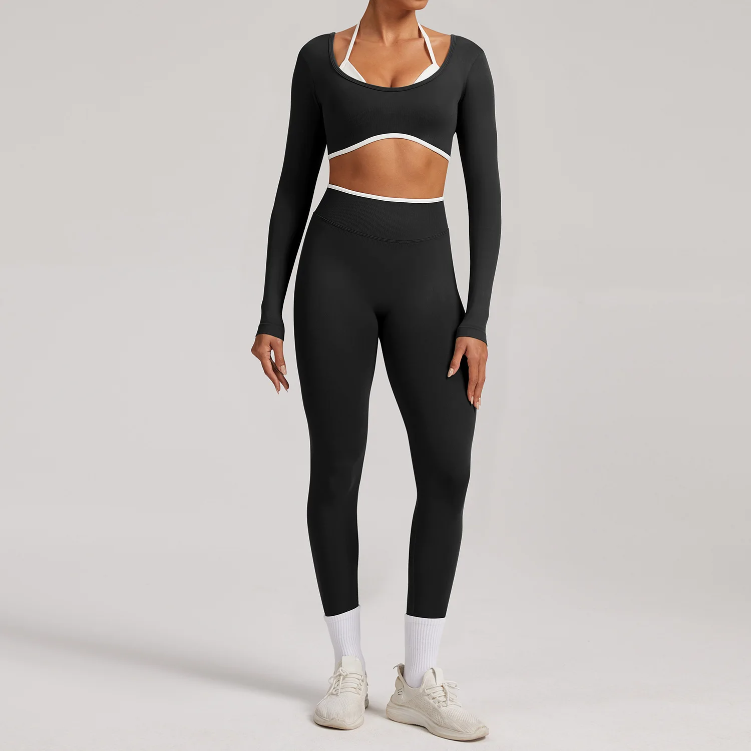 Seamless Tight-Fitting Solid Yoga Shorts 2-Piece Set Long-Sleeved Fitness Clothing Quick detail