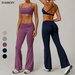 High Quality Solid Lightweight Sports Bra 2-Piece Breathable Spandex/Nylon High-Waisted Wide-Leg Pants Women's Pilates Yoga