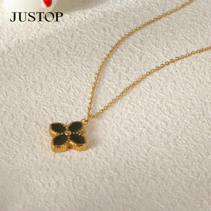 18K Real Gold Plated Vintage Style Four-Leaf Clover Necklace Stainless Steel Shell Pendant Collarbone Chain for Party Gift for