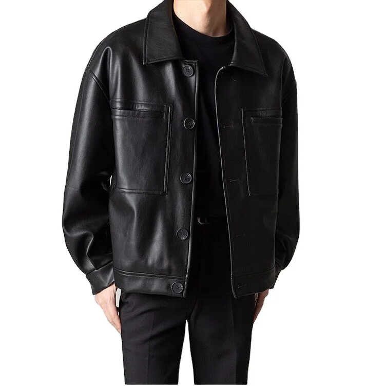 Vinage Men's PU Leaher Jacke Loose Shor Syle wih Crocheed Weave for Spring and Auumn Casual Lapel Moorcycle_voghion.com