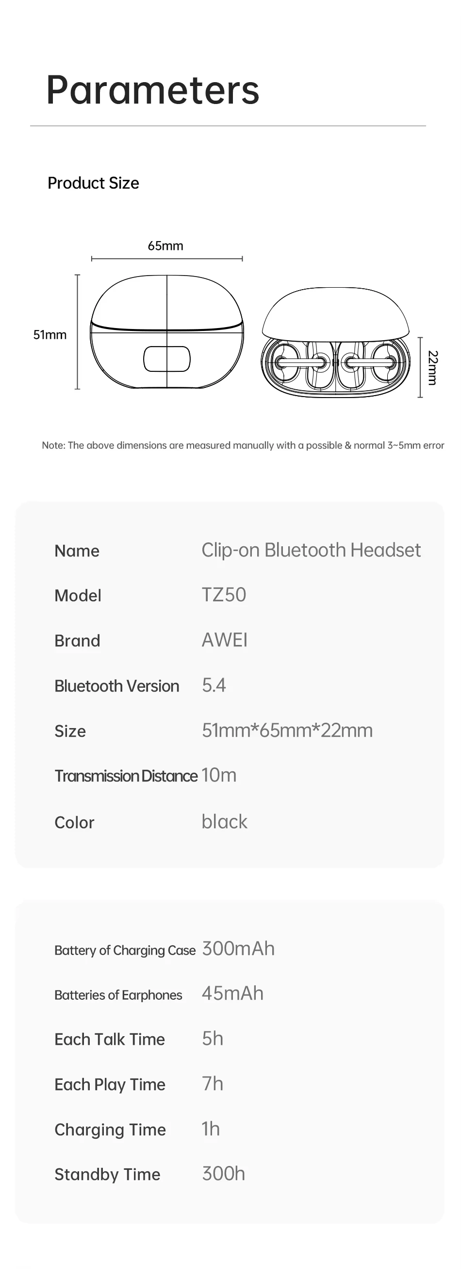 Awei TZ50 TWS Earphones V5.4 Ear Clip Earbuds Earrings Wireless Headphone with Digital Display for Sports