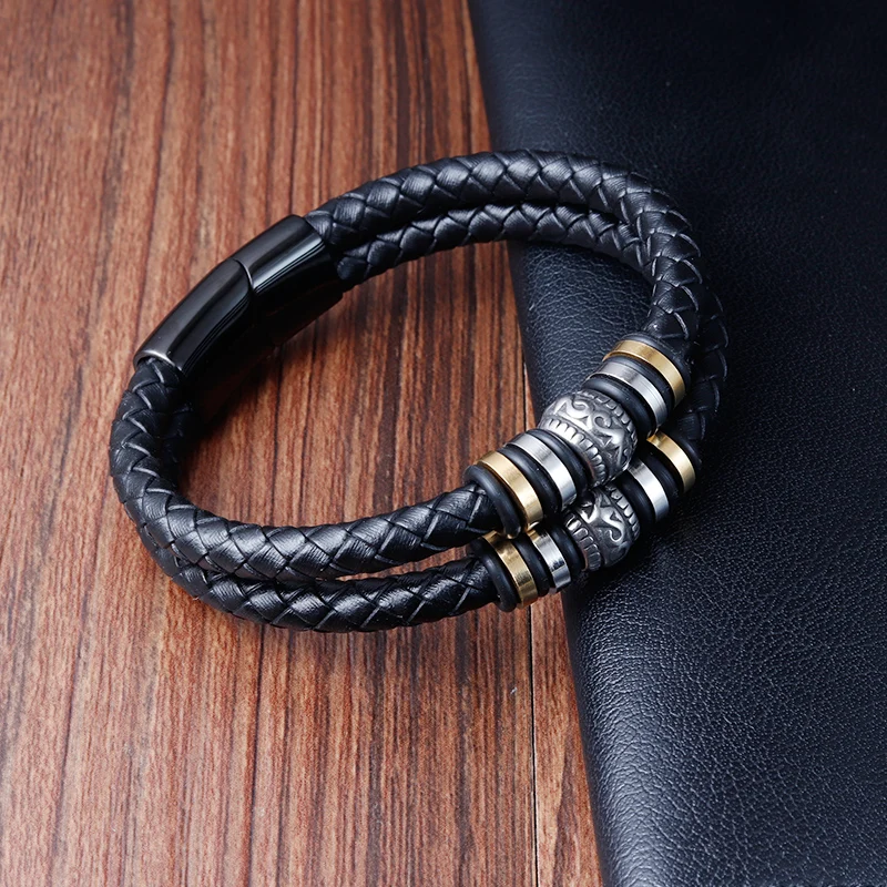 Hot Selling Stainless Steel Magnetic Clasp Jewelry Men Black Bolo Braided  Genuine Leather Bracelet Men's Accessories