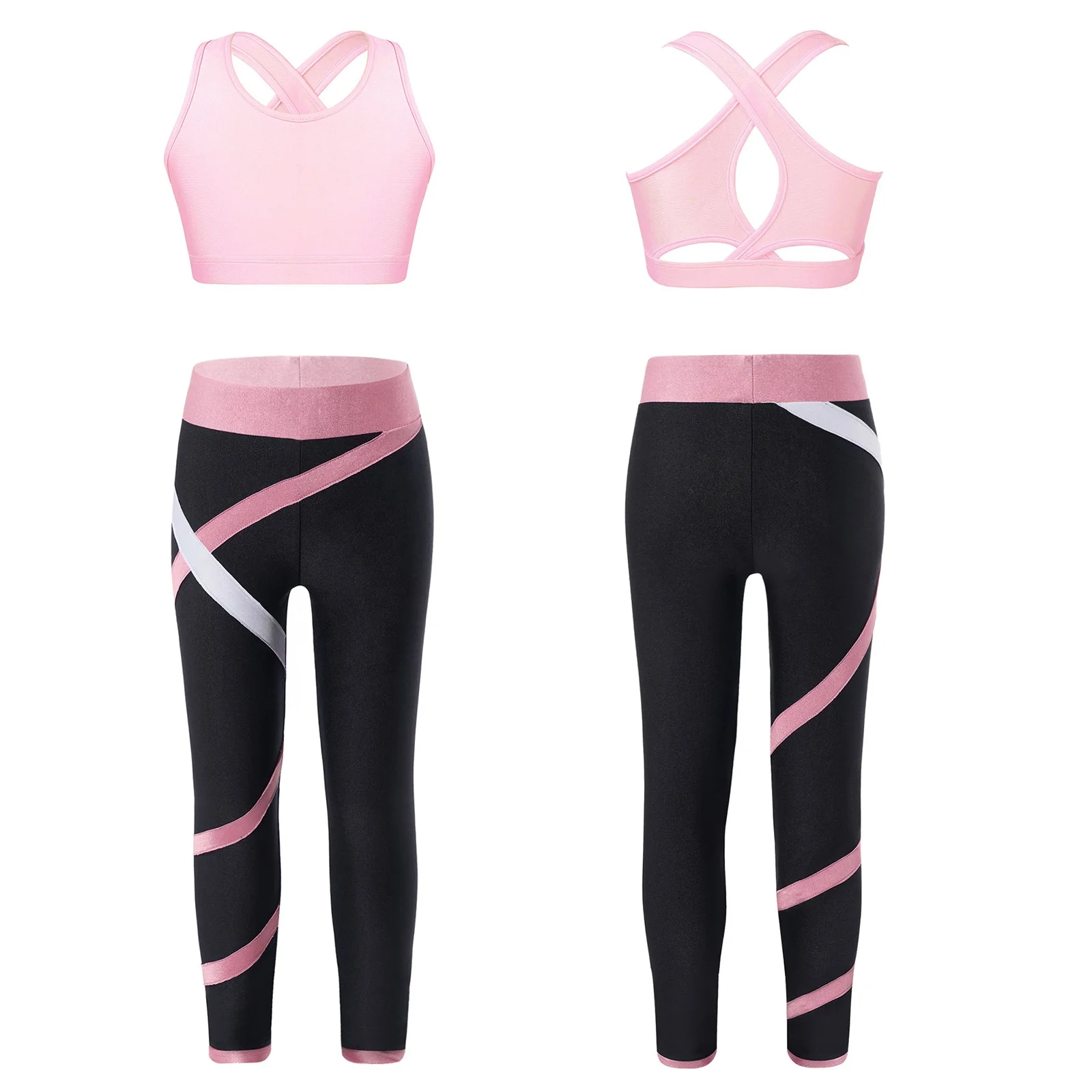 Kids Yoga Pants Back Colorblock Leggings Crop Tops