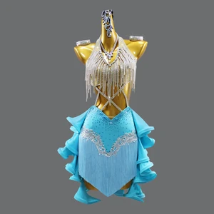 Blue Tassel Rhinestone Children's Latin Dance Dress Dance Costumes Dance Dress for Girls Competition Wear Performance Costumes