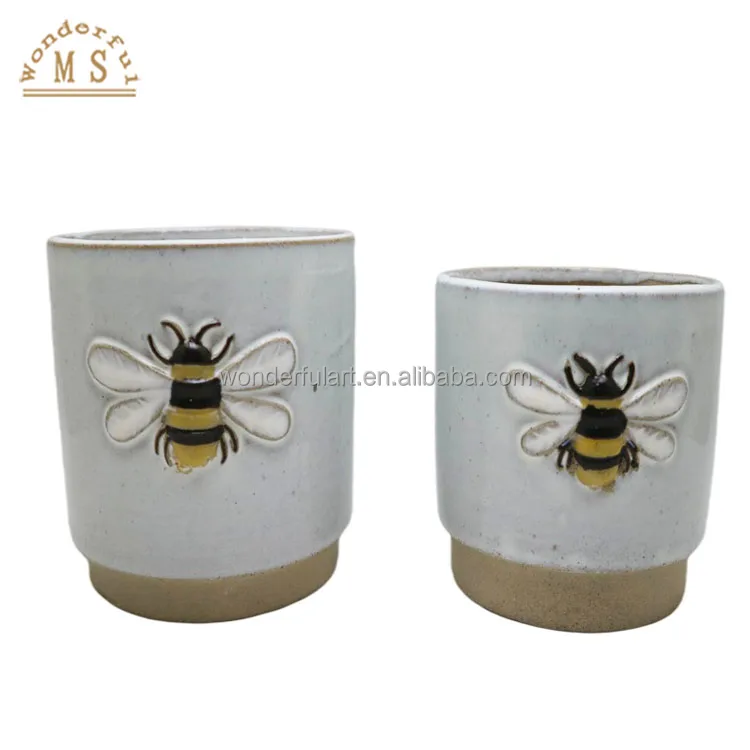 Porcelain Home Decor Flower Vase handicraft succulent Ceramic embossing bees color glazing flowerpot promotion garden planter