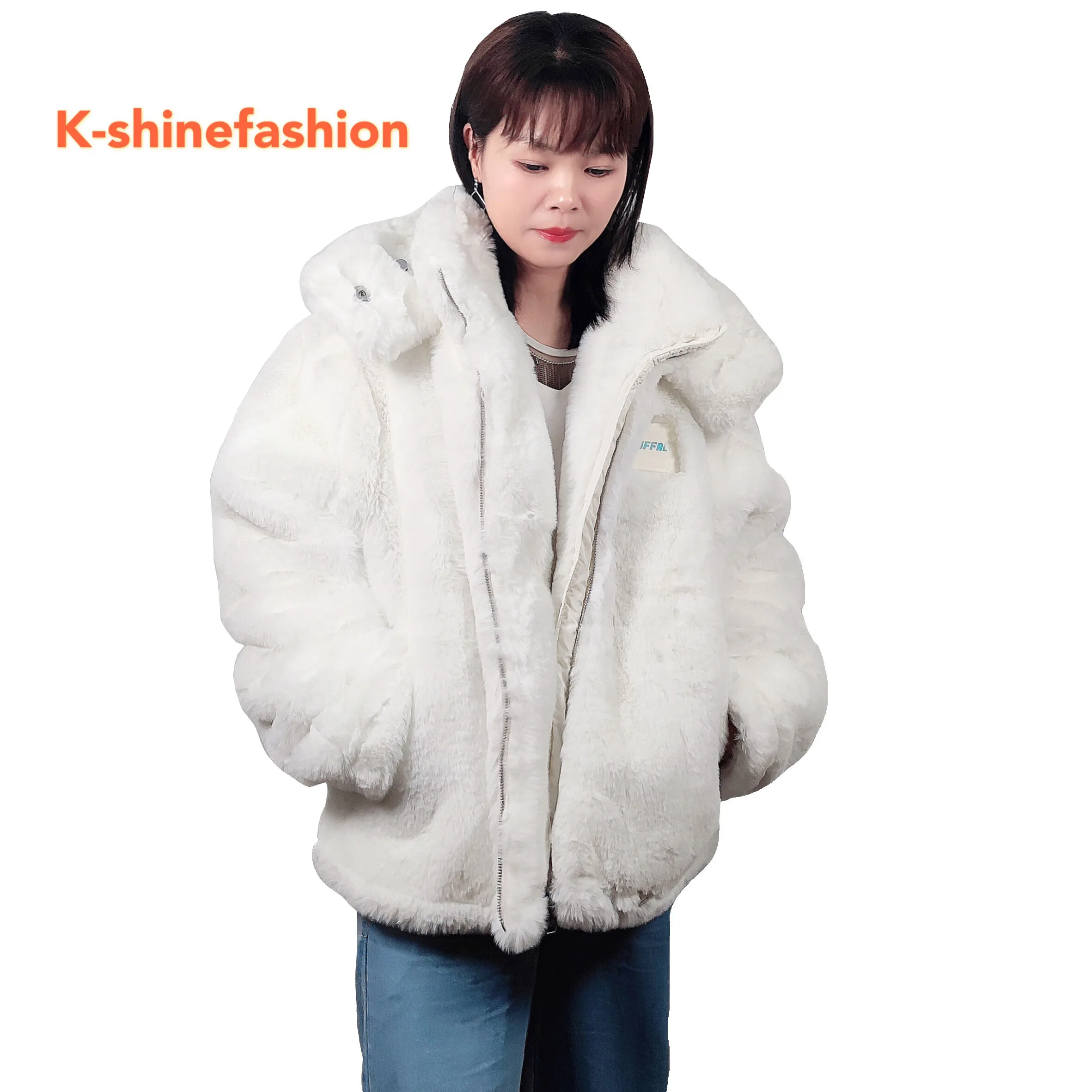 The Luxury Big Rabbit White Fur Plus Size Women Coats With Hat