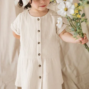 2025 Summer European American Style Children's Cotton Gauze A-Line Dress Pure Cotton Crepe Short Sleeve Girls Dresses