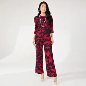 Miyake Women's Vintage Style Two-Piece Set Fashionable Pleated Long-Sleeved Top Wide-Leg Pants Professional Office Set