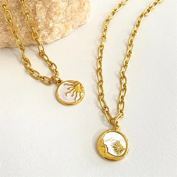 New 18K Real Gold Plating Sun Moon Round Coin Necklace Mother of Pearl 316L Stainless Steel Pendant Necklace Vintage Ornaments