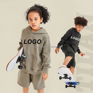 Kids Sportswear Set Customizable Logo Print Hooded Sweatshirt Shorts Outfit Soft Fleece Apparel for Children